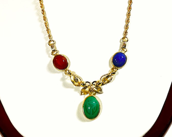 Antique Russell Creations™ 12K Gold Filled Scarab Necklace, 3 Carved Genuine Gemstone Scarabs 16X12 & 12X10mm, 16" Long, Free US Shipping