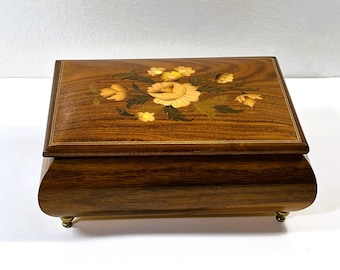 Vintage Lador™ Swiss Music Box, “Solo Mio”, Handcrafted in Italy, Inlaid Wild Flowers, Chocolate Piano Finish. 7X5.25". Free US Shipping