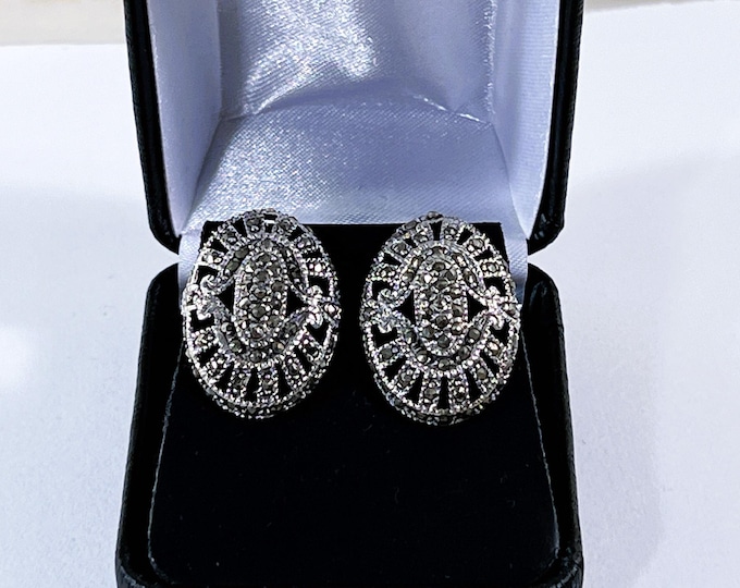 Vintage Sterling Silver & Marcasite Large Oval Stud Earrings, 25X18mm. 6.80 Grams, Posts W/Large Backs. Refinished, Free US Shipping