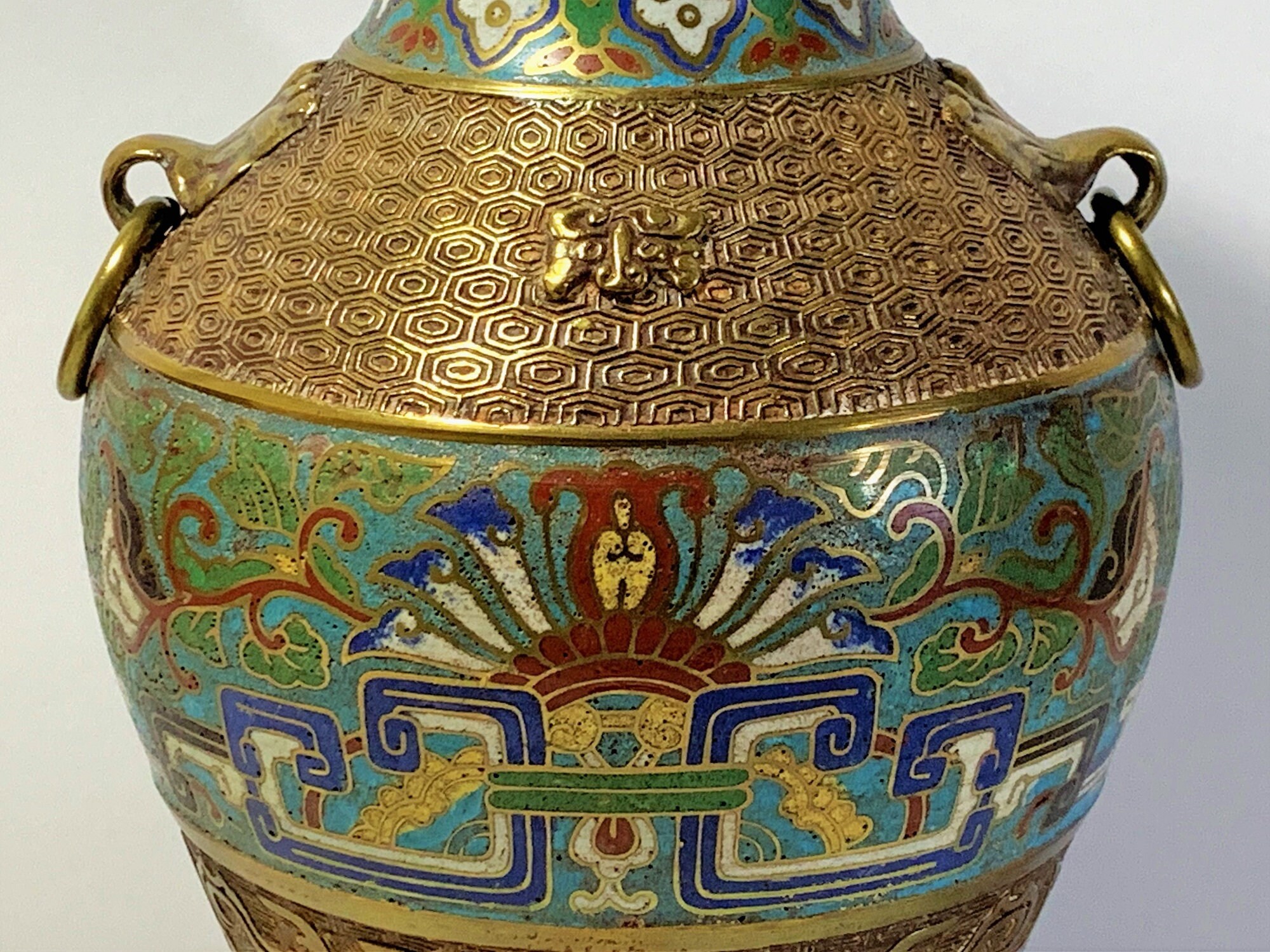 Antique Japanese Bronze Cloisonné Champlevé Enamel Archaistic Vase