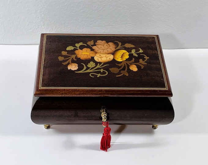 VTG Notturno Intarsio Sorrento Italy Music Box "Arrivederci Roma". Wildflowers, Chocolate Piano Finish. Key Lock, 7X4.75". Free US Shipping