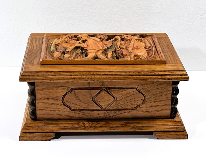 Antique Reuge® Switzerland 28 Key Note Music Box. Tune: "Edelweiss". Carved 3D Wood Musicians Top. 8" W. 6" L. Top Grade, Free US Shipping