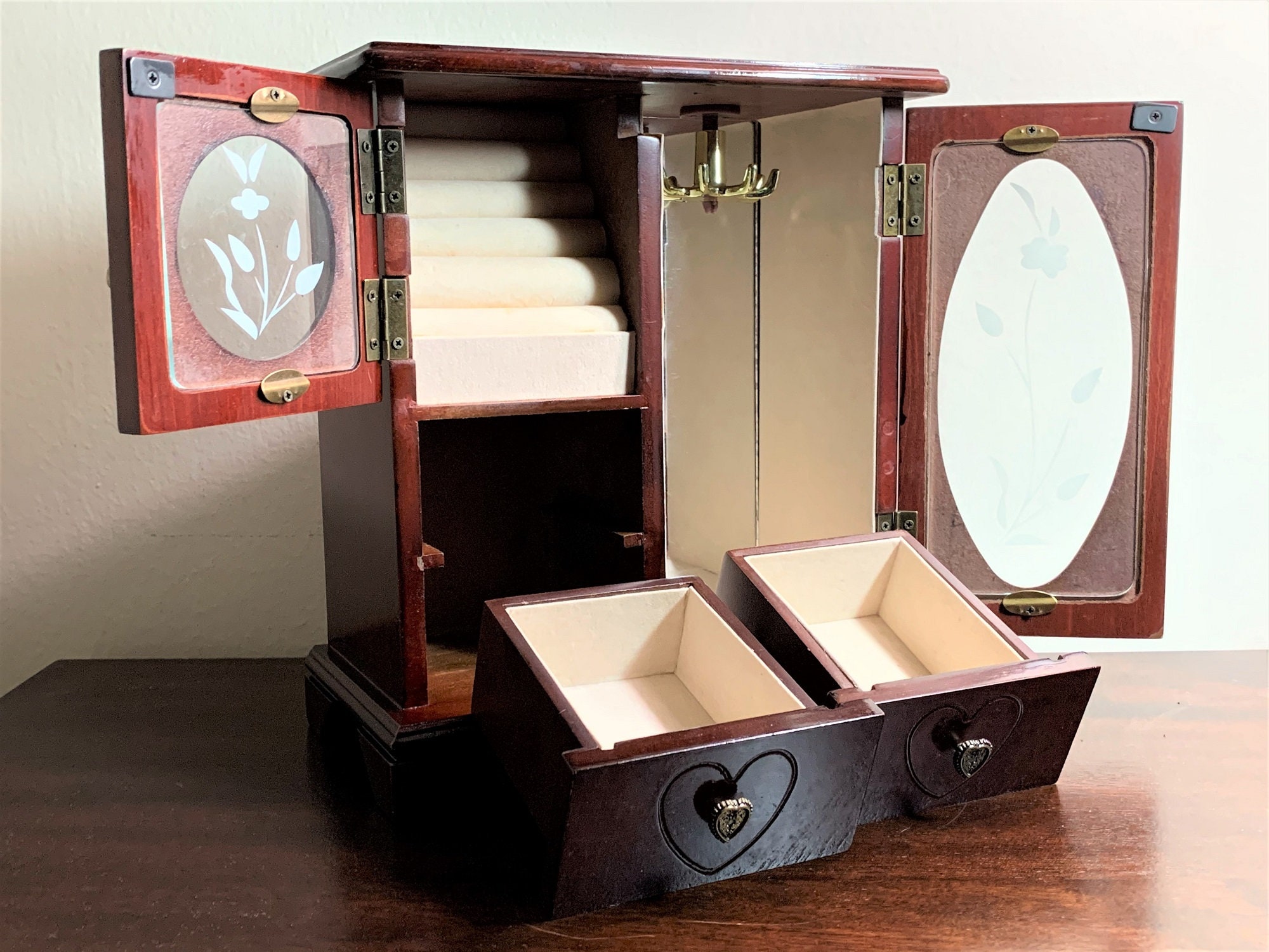 Vintage Hand Made Jewelry Box Organizer, Solid Wood, Painted