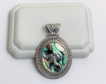 Abalone Shell Sterling Silver Pendant - Slide, Large Fiery Stone 30X25 mm, 2 1/2" Long - 1 3/8" Wide, 19.00 Grams.