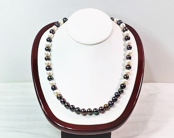 Natural Tahitian South Sea Pearl Necklace, 9 – 10mm. 55 Pearls, Sophisticated Black & White, Grade AAA, 19.5”, 14K Clasp. Free US Shipping.
