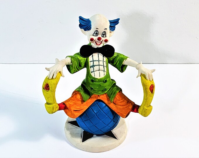 Vintage Bisque Porcelain Clown on a Bouncy Ball Figurine, Handcrafted
