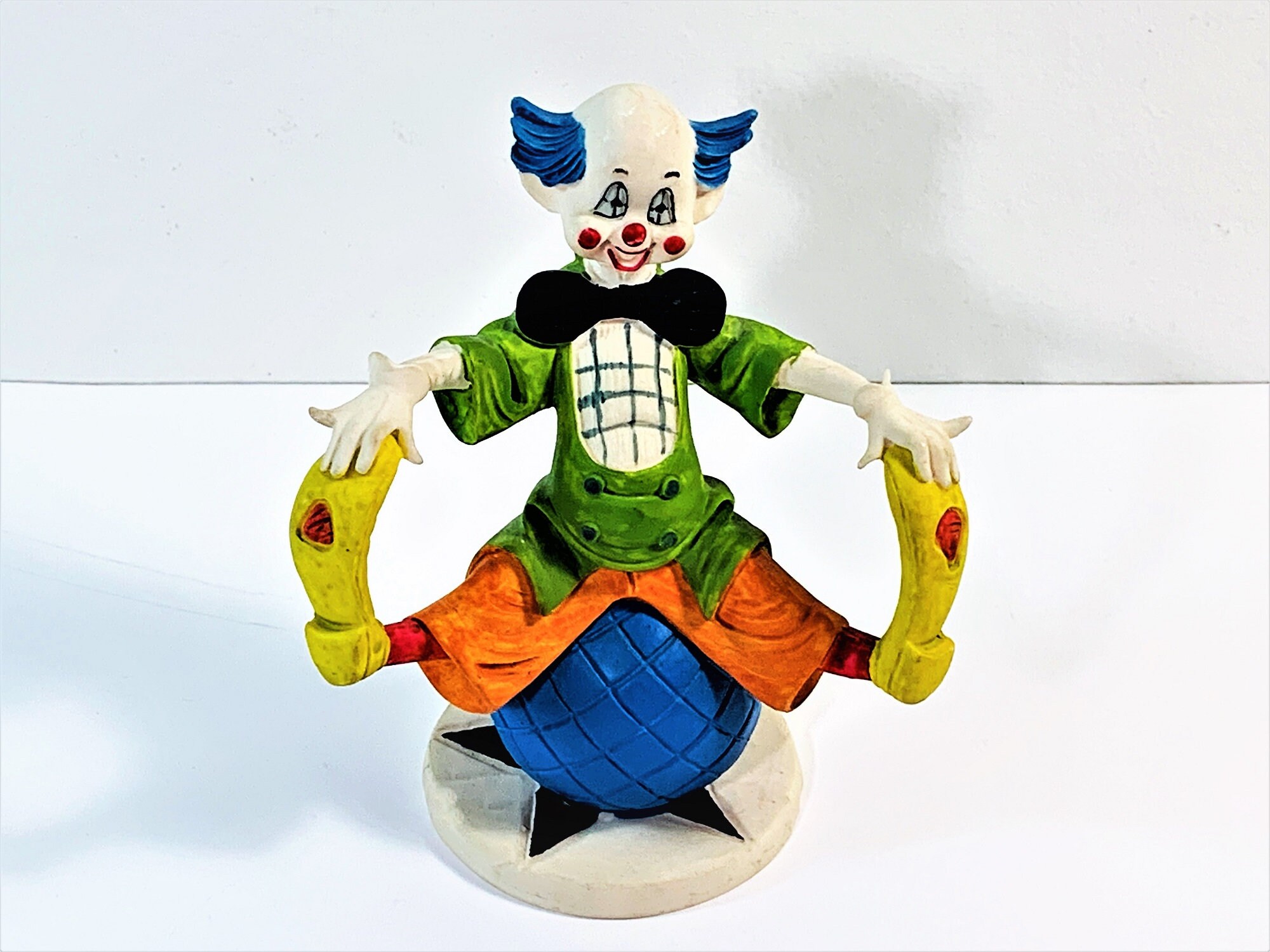 Vintage Bisque Porcelain Clown on a Bouncy Ball Figurine, Handcrafted