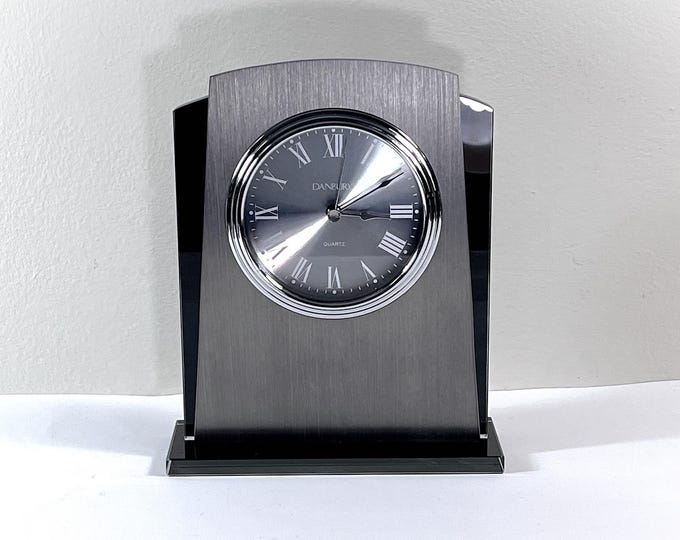 Danbury® Things Remembered Contemporary Desk Clock, Black Tempered Glass, Brushed Titanium Finish. Mint, 7.25" T. 6" W. Free US Shipping