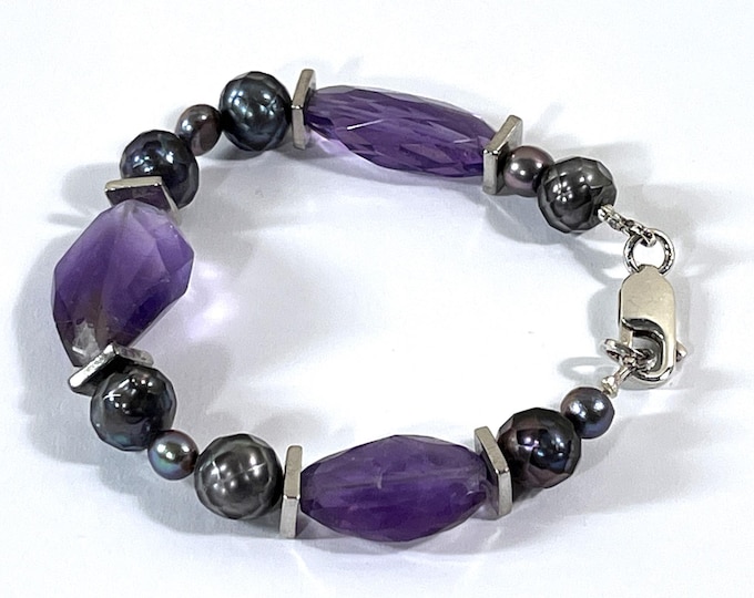 Vintage Sterling Silver Natural Amethyst & Black Pearls Bracelet, Large Polished Amethyst Chunks, 7.5" Long, 23 Grams. Free US Shipping