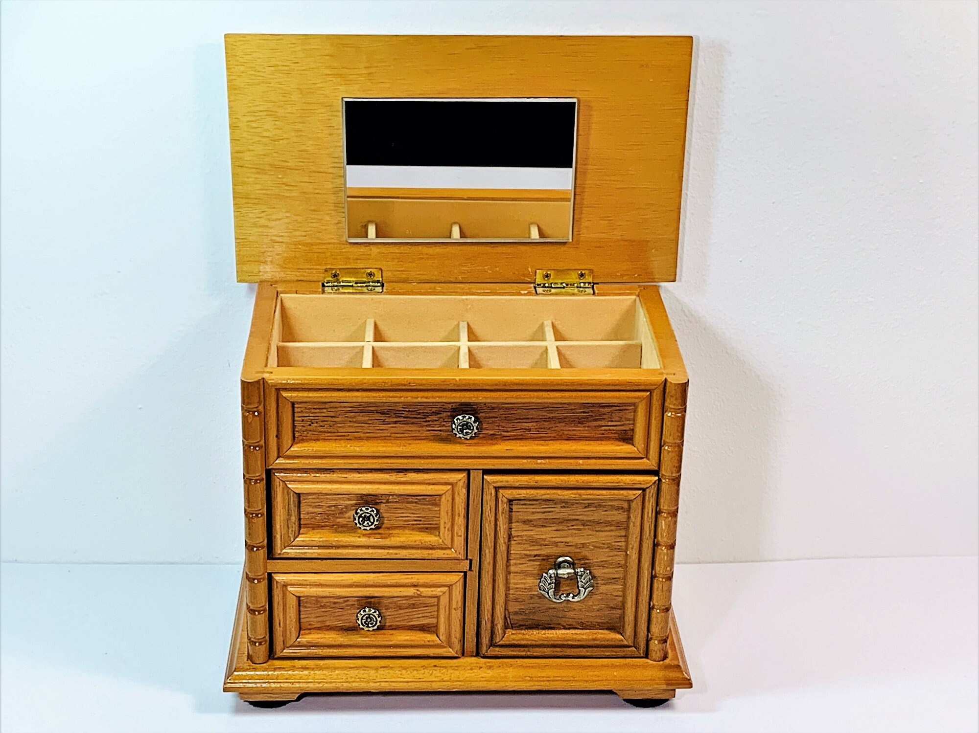 Vintage Golden Oak Carved Wood Jewelry Box, Hinged Top, Mirror, Slide