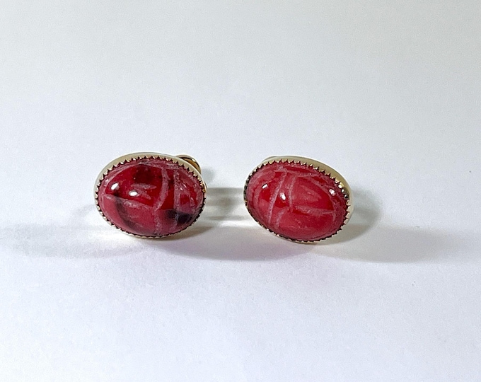 Vintage Cassell® 12K Gold Filled Carved Pink Rhodonite Scarab Earrings, Large 16X12mm Gems. Screw Backs (Non Pierced), Free Us Shipping