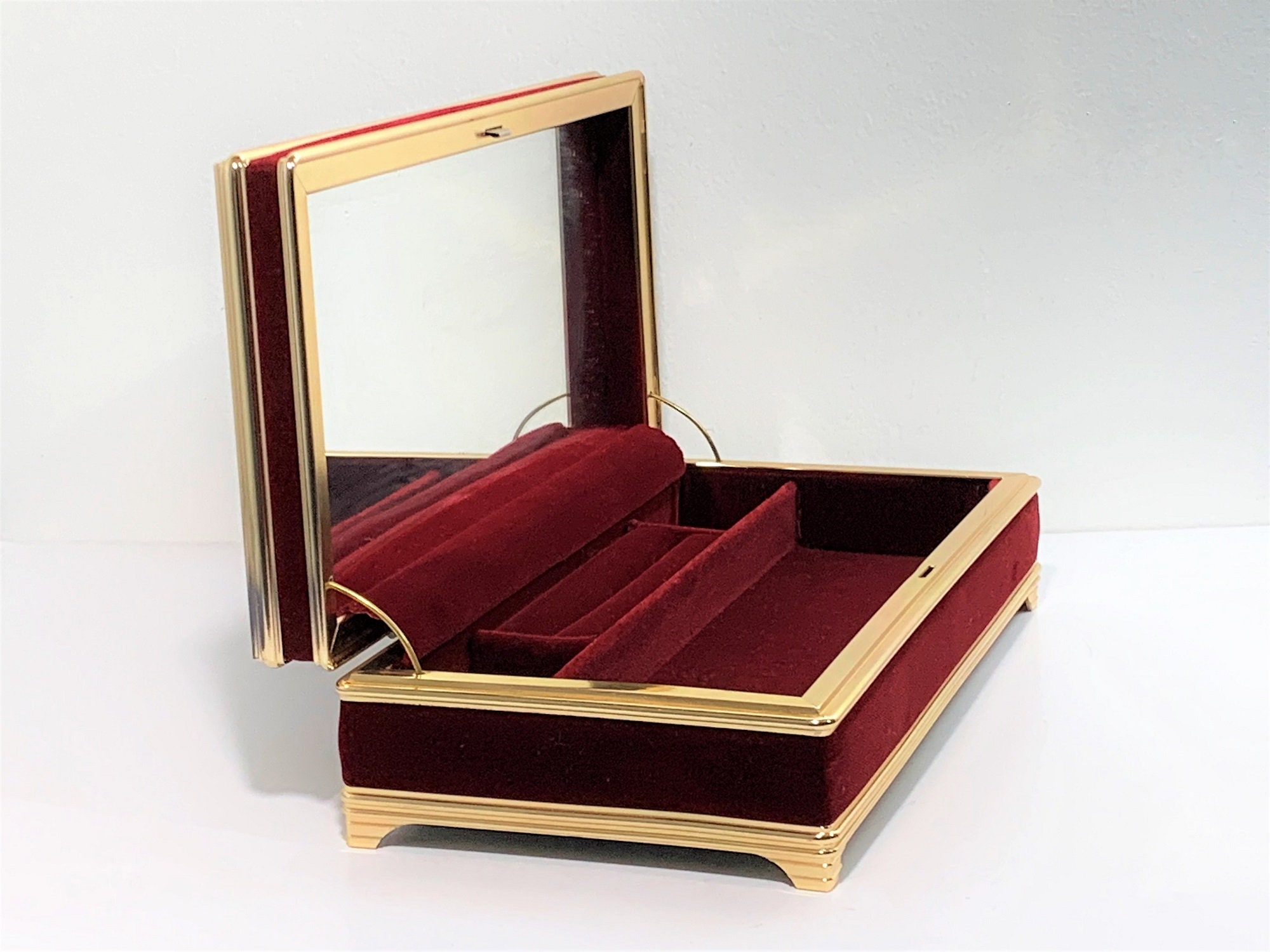 Luxurious Velvet and Gold Tone Metal Jewelry Box, Hinged Lid W/Mirror