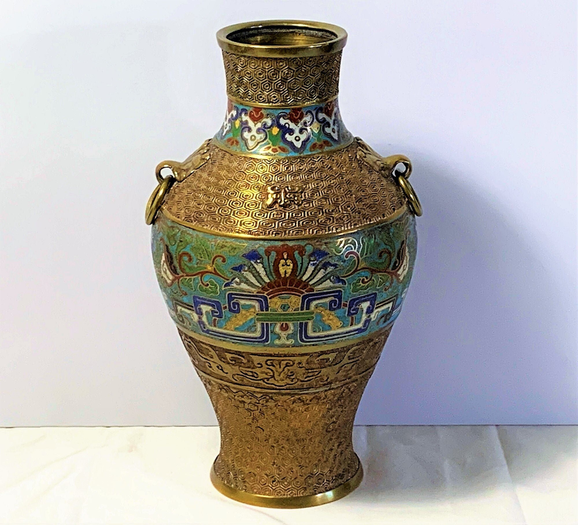 Antique Japanese Bronze Cloisonné Champlevé Enamel Archaistic Vase