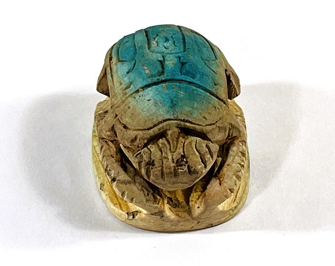 Vintage Ancient Egyptian Faience Ritual Scarab, Large Unique Amulet, Tell El-Amarna (Akhetaten City), Upper Egypt, 50 mm. Free US Shipping