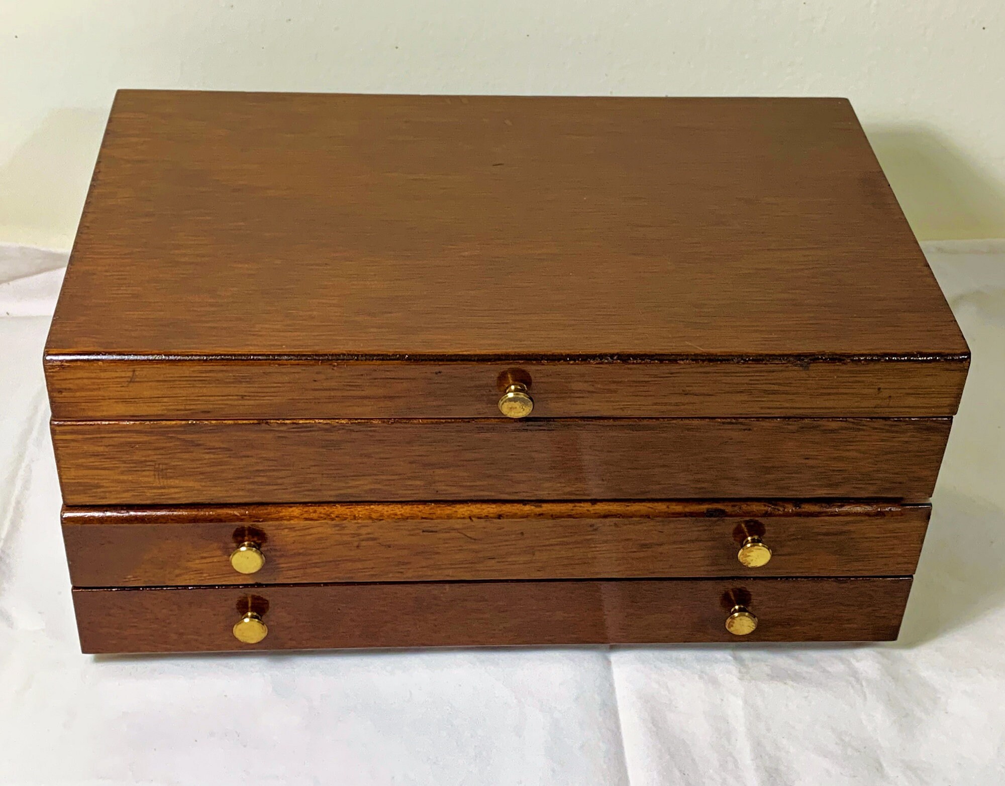 Vintage Varnished Wood Large Jewelry Box, Hinged Lid with Mirror