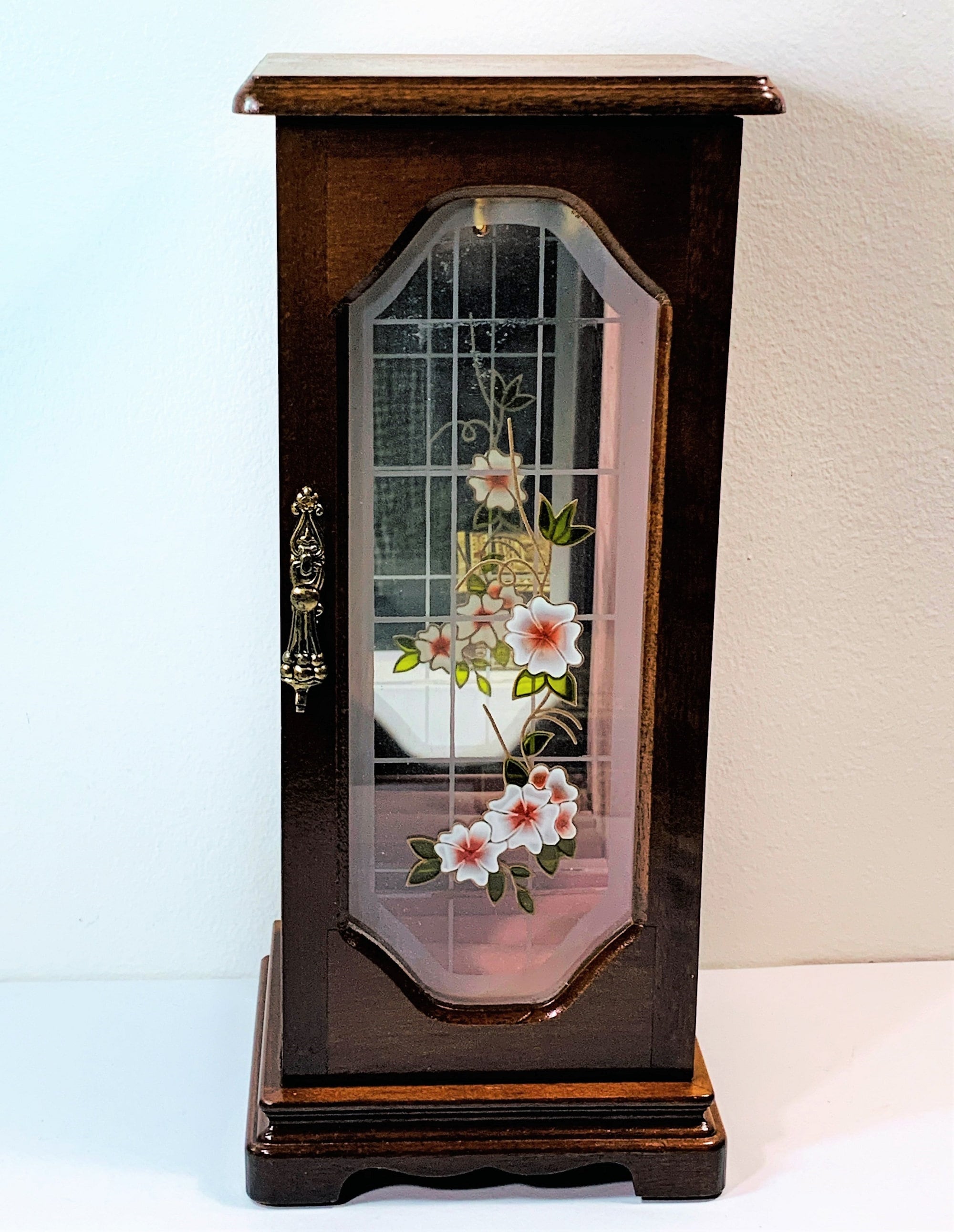 Vintage Mahogany Carved Wood Jewelry Armoire Stand, Stained Glass Door