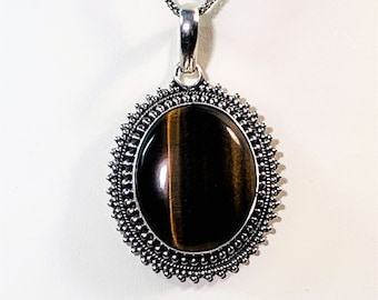 Sterling Silver Tiger's Eye Slide Necklace, Natural Cabochon 30X25mm, Beaded Triple Bezel, Slide 2" L. 1.5" W. 20" Chain. Free US Shipping
