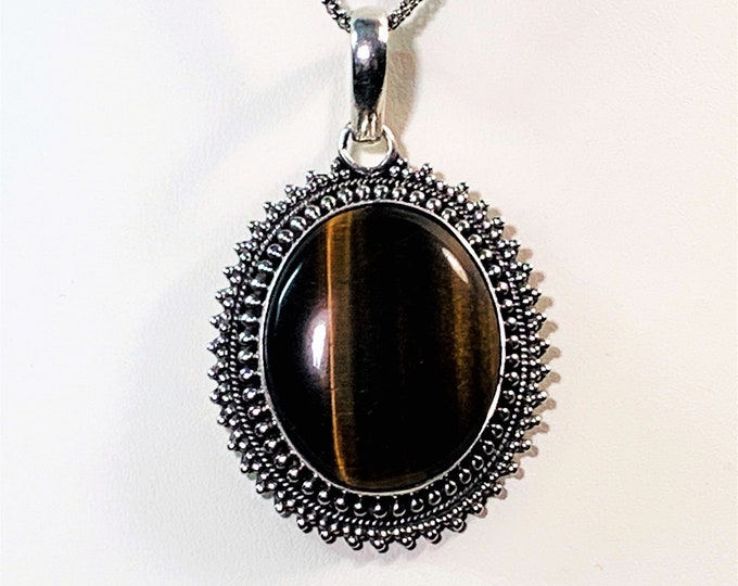 Sterling Silver Tiger's Eye Slide Necklace, Natural Cabochon 30X25mm, Beaded Triple Bezel, Slide 2" L. 1.5" W. 20" Chain. Free US Shipping
