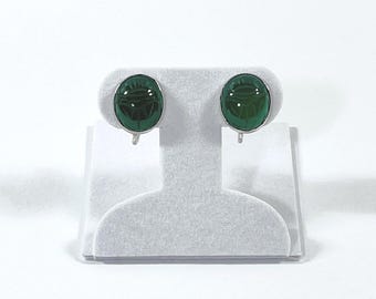 Vintage 1950's Sterling Silver Carved Green Chrysoprase Gemstone Scarab Earrings, 14X12mm Gems. Screw Backs (Non Pierced), Free Us Shipping