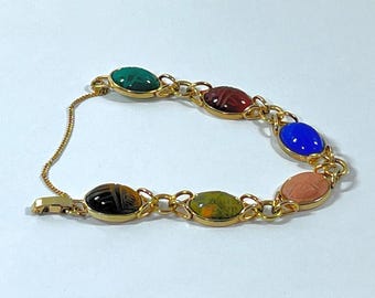 Vintage Krementz™ Gold Filled Scarab Bracelet, 6 Carved Gemstones Scarabs 16X12mm. Tiger's Eye, Unakite Etc. 7.5" L.Free US Shipping