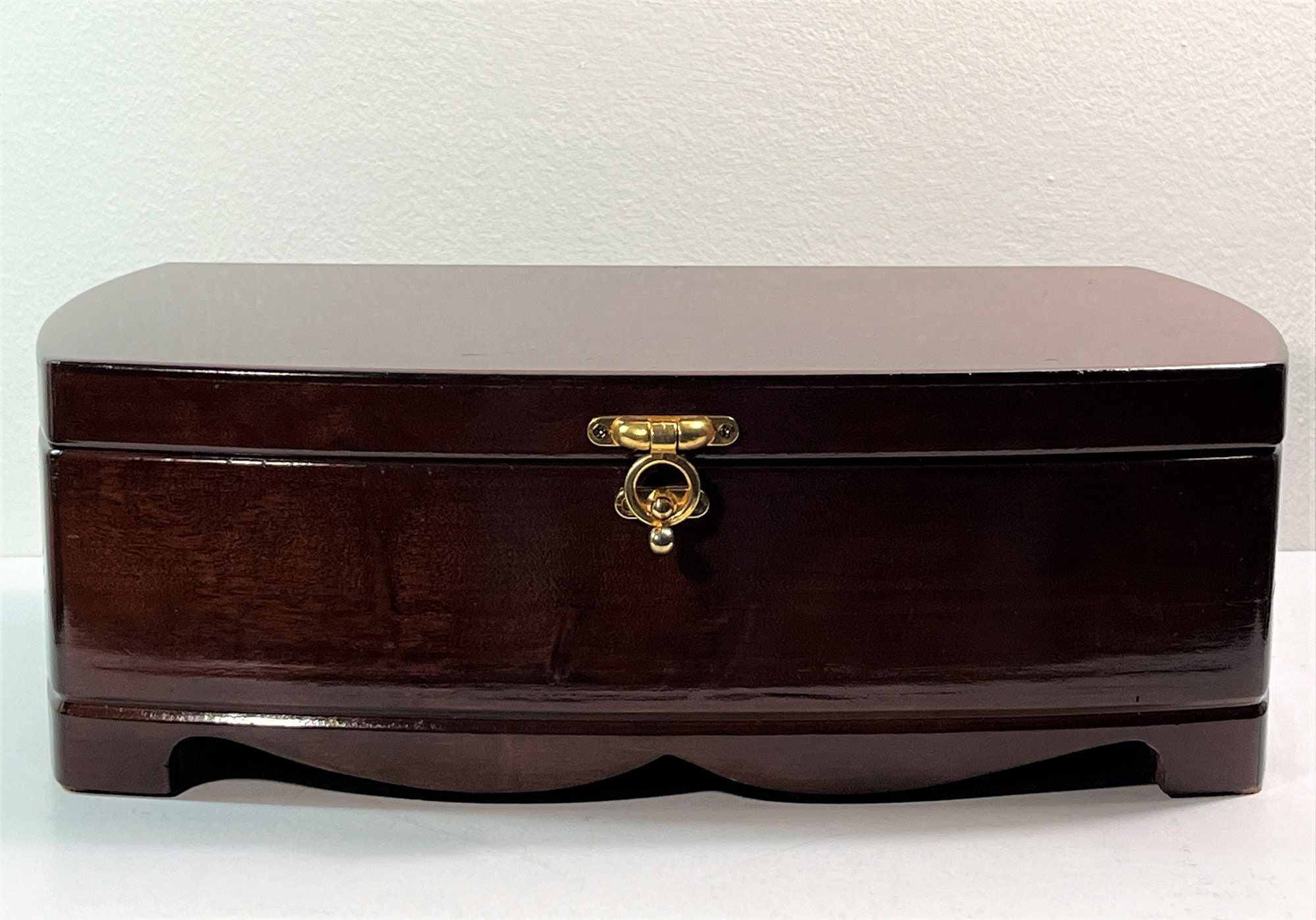 Vintage Large Mahogany Wood Jewelry Box, Piano Finish, Brass Hook Lock