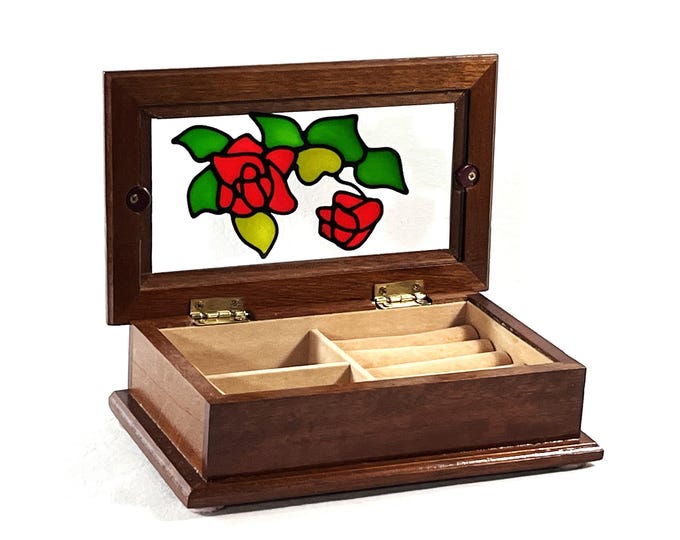 Vintage Small Carved Wood Jewelry Box, Floral Stained Glass Window, Rings Section, 2 Compartments, Restored. 8" W. 4.5" L. Free US Shipping.