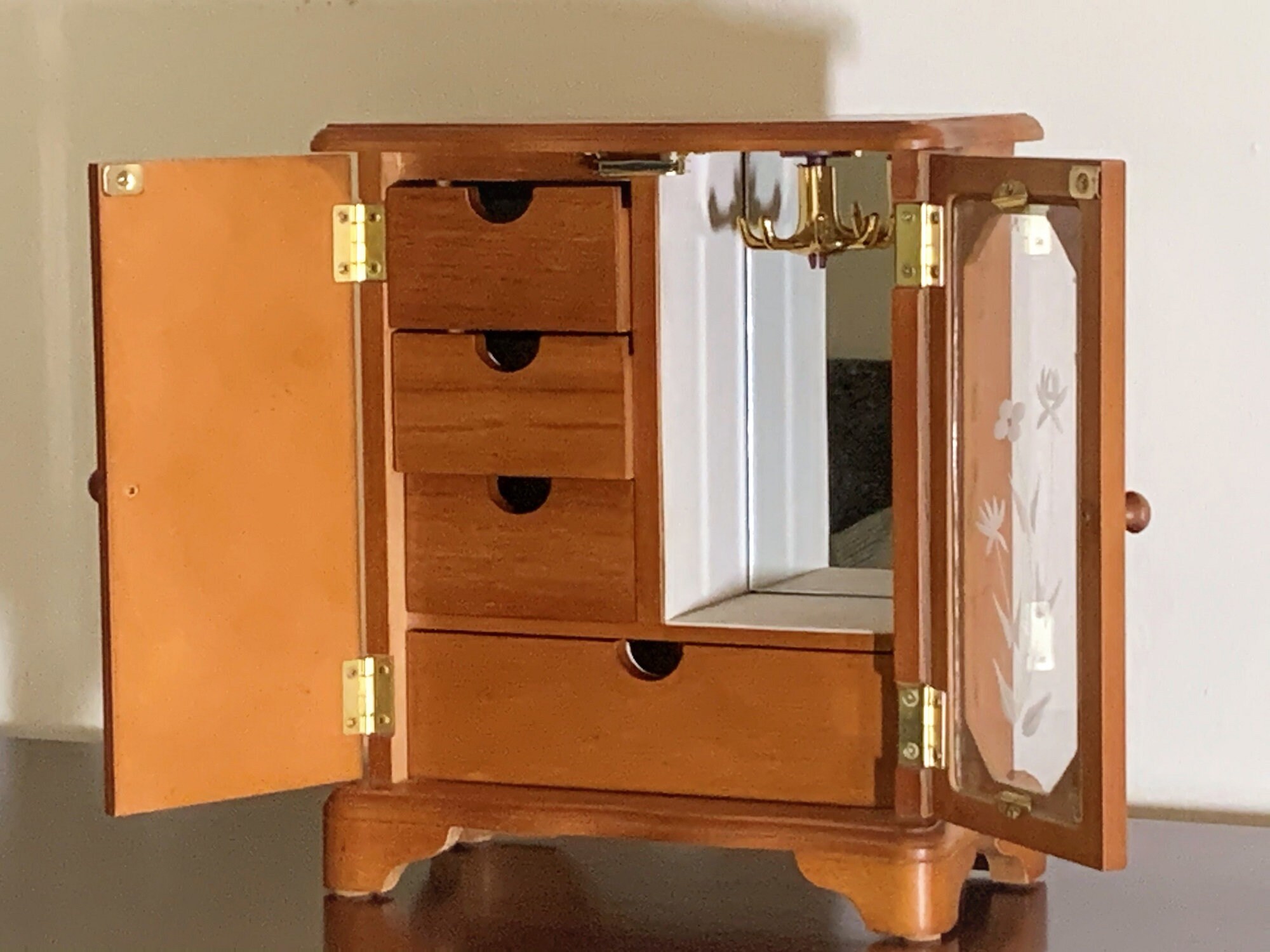 Vintage Solid Wood Jewelry Armoire Storage, 2 Doors, Etched Glass, Hangers, 4 Drawers