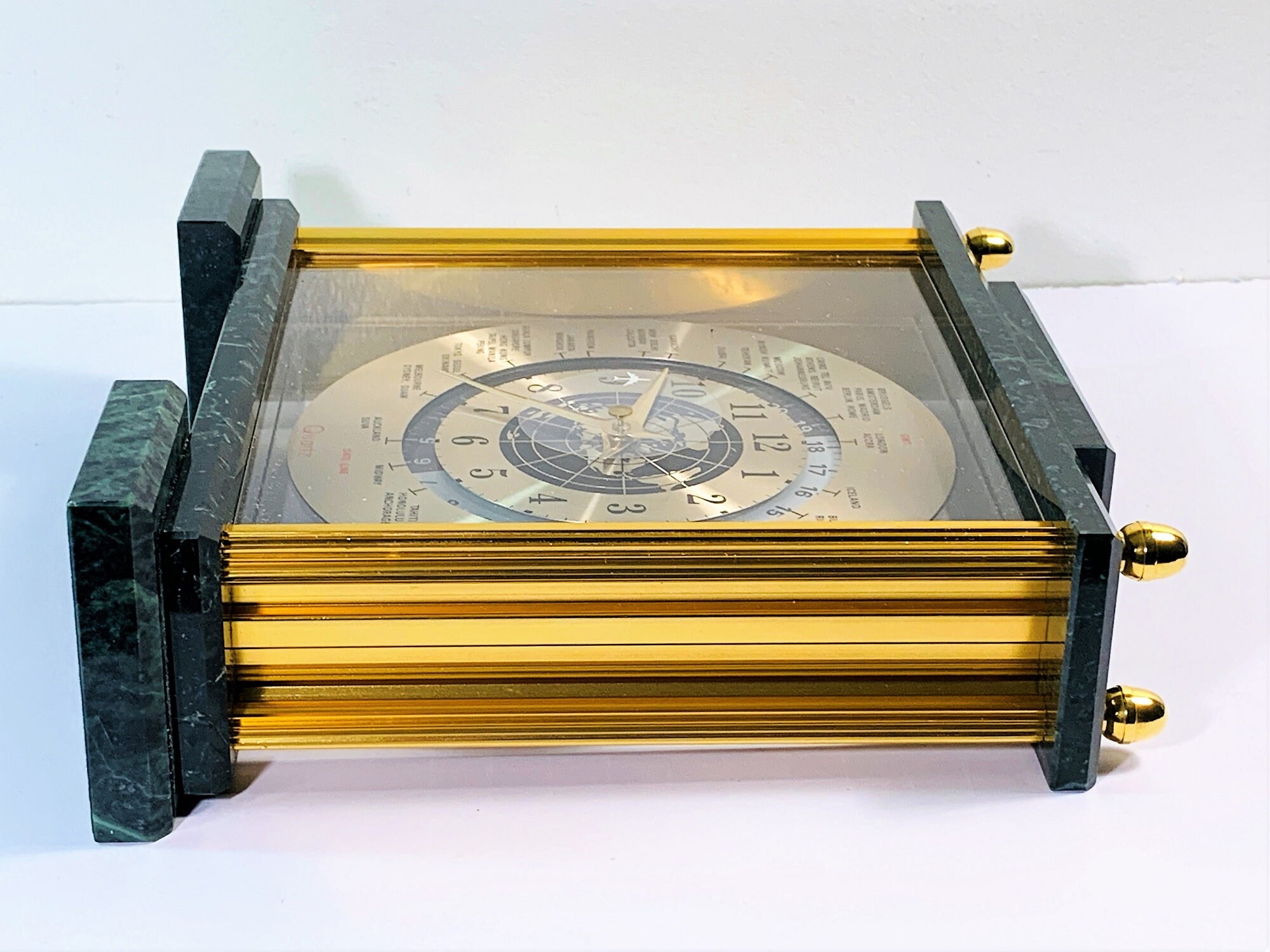 VTG 1980 The Bombay Company Classic Green Marble & Brass World Time