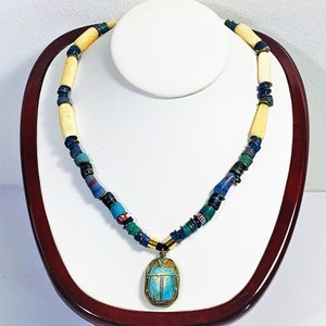 Ancient Egyptian Faience Scarab, Mummy & Bone Beads Necklace, Restrung. Large 27mm Scarab, 18&quot; Long. Acquired in 1923, Luxor, Upper Egypt.