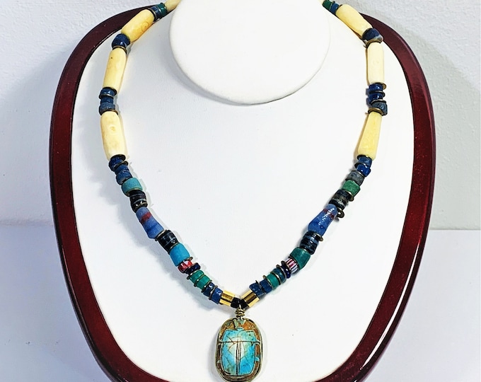 Ancient Egyptian Faience Scarab, Mummy & Bone Beads Necklace, Restrung. Large 27mm Scarab, 18" Long. Acquired in 1923, Luxor, Upper Egypt.