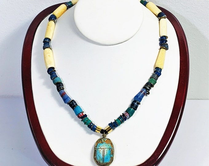 Ancient Egyptian Faience Scarab, Mummy & Bone Beads Necklace, Restrung. Large 27mm Scarab, 18" Long. Acquired in 1923, Luxor, Upper Egypt.