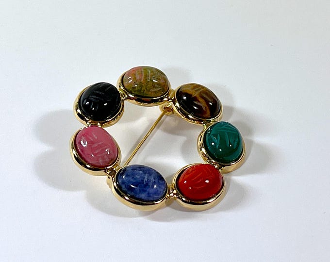Vintage 1970's Gemstone Scarabs Brooch, 7 Gems 11X9mm, Lapis, Tiger's Eye, Coral. Nephrite, Jasper & Onyx. 1.5". Gold Tone. Free US Shipping