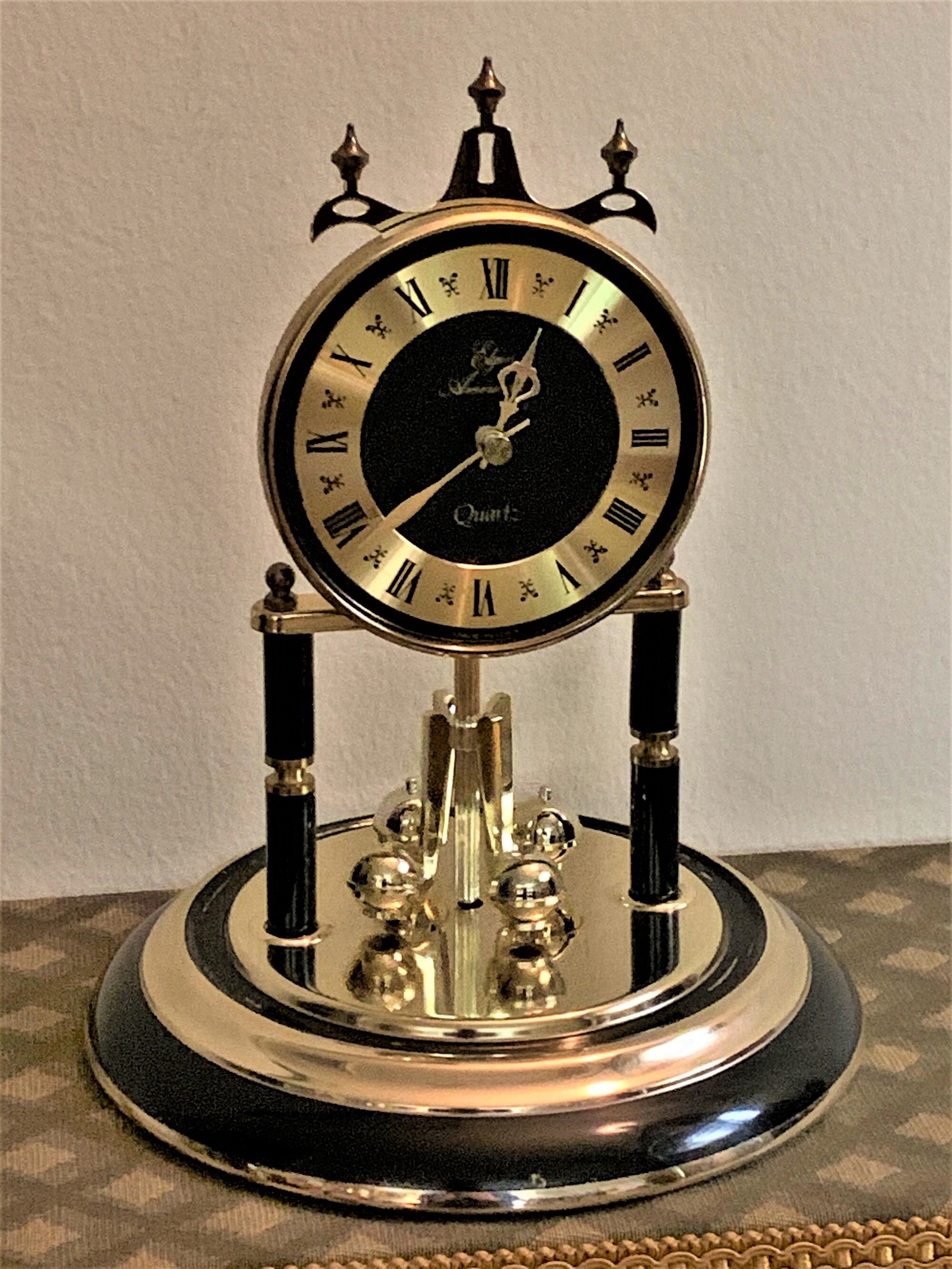 Elgin Anniversary Clock, Glass Dome, Revolving Pendulum, Black Enamel
