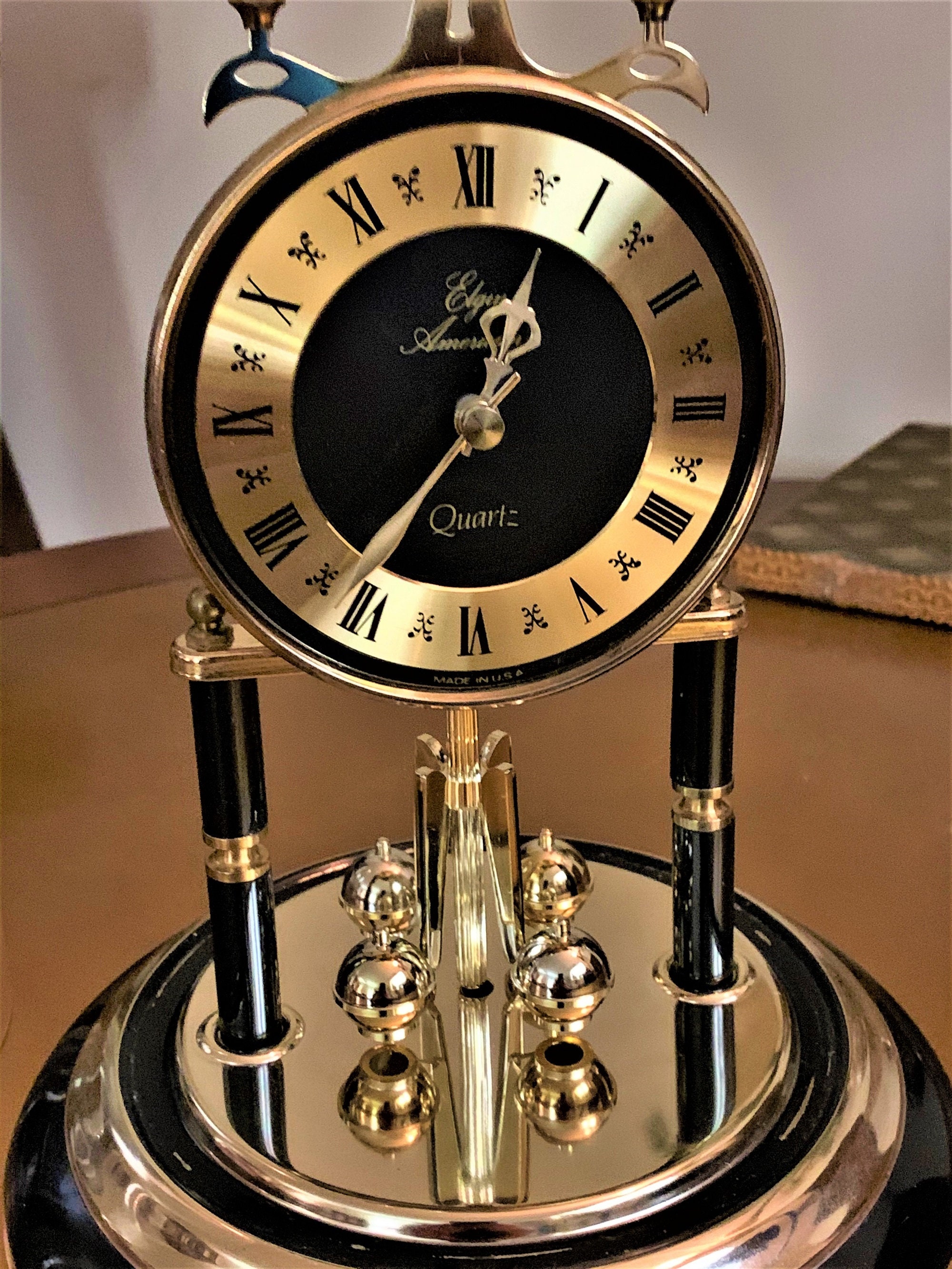 Elgin Anniversary Clock, Glass Dome, Revolving Pendulum, Black Enamel