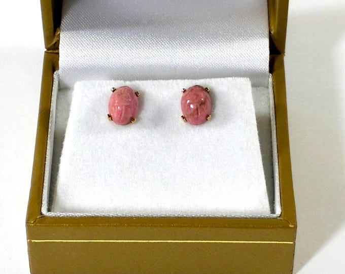 14K Solid Yellow Gold Gemstone Scarab Studs, Carved Pink Rhodonite Gem 8X6mm, 1.75 Grams, 4 Prongs Setting, Large Backs. Free US Shipping