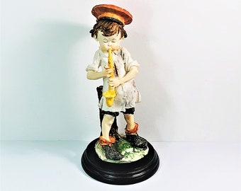 Vintage Large Saxophone Player Boy Figurine, Bisque Porcelain, Wood Base, Circa 1985, Impressive Details, 10" T. 4.75" B, Free US Shipping