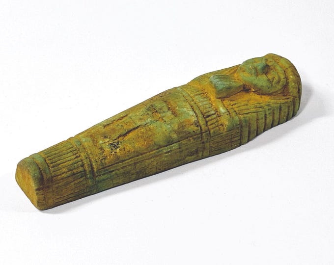 Vintage Ancient Egyptian Faience Shabti Amulet, Servant of The Soul, Memphis Saqqarah,  Lower Egypt, 8 cm - 3 1/8" Long. Free US Shipping.