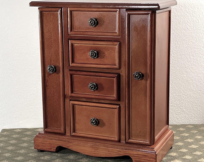 Vintage Croft & Barrow® Mahogany Jewelry Armoire, 2 Side Boxed Doors W/ Hangers, 3 Drawers, Ring Drawer, 11.5" T. 9.5" W. Free US Shipping