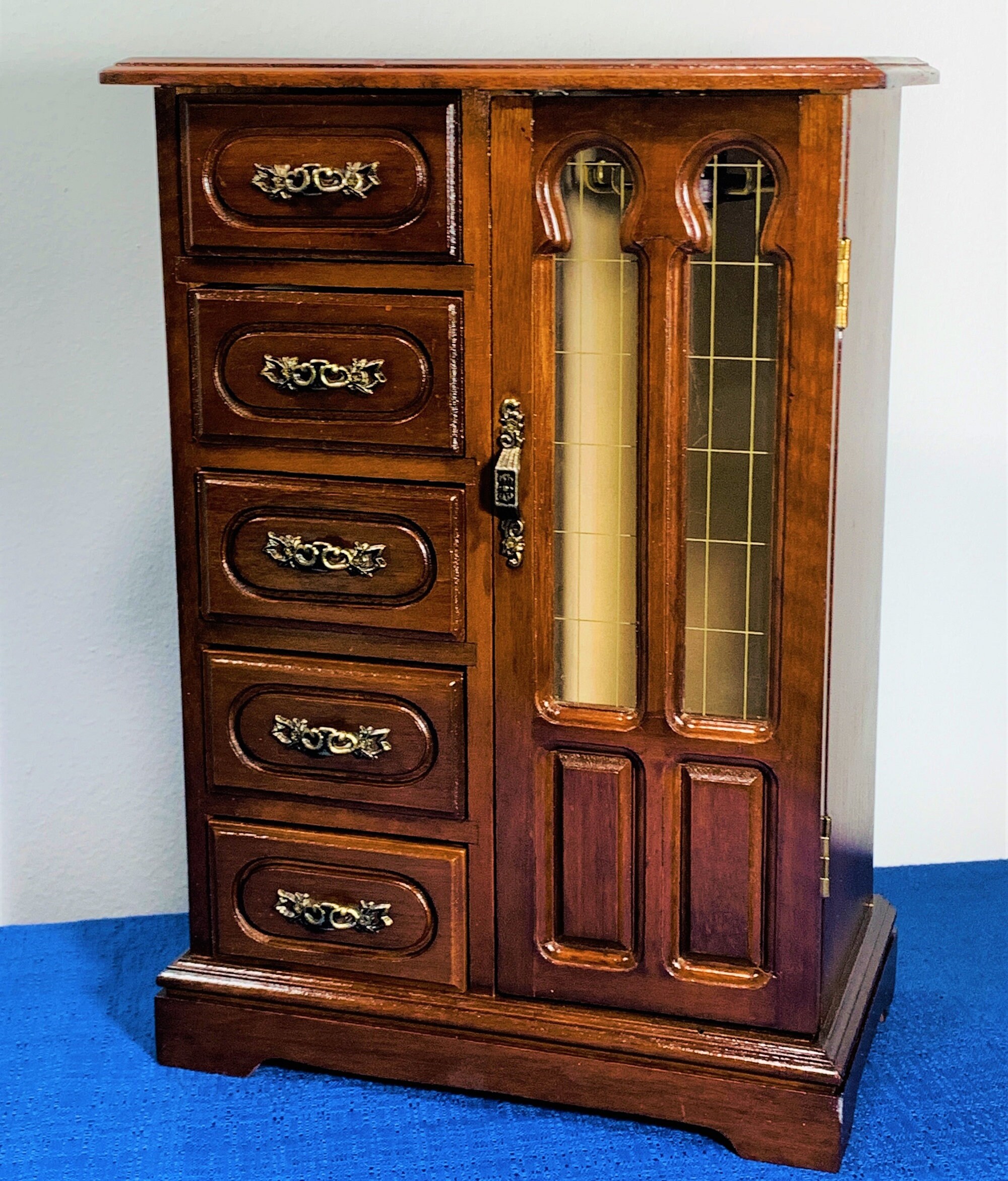 Vintage Solid Wood Jewelry Armoire, Ornate Carved Door W/Rings Tray, 5