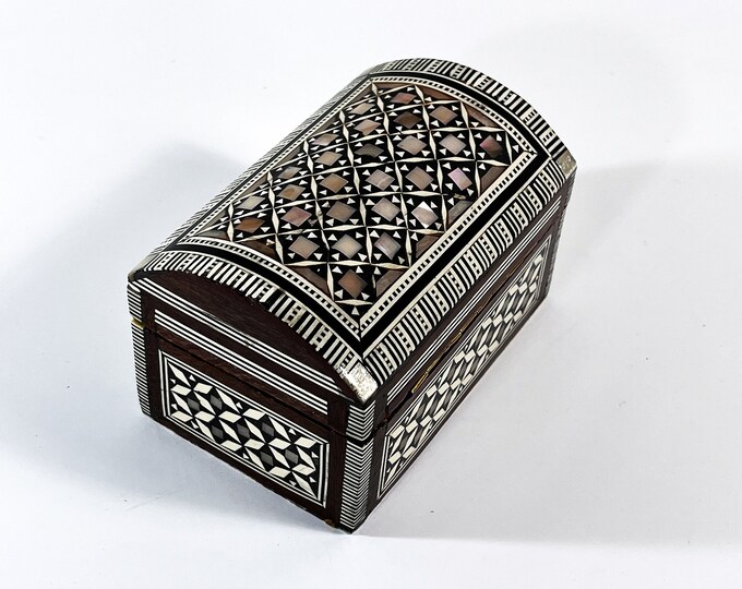 Vintage Old Cairo Inlaid Jewelry Box, Abalone, Shells, Etc. Velvet Lining, Domed Lid, 4" W. 2.75" L. 2.75" H. Restored. Free US Shipping.