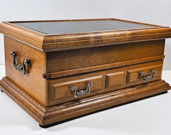 VTG Montgomery Ward & Co.® Carved Wood Large Jewelry Box, Green Marble Top, Side Handles, 12" W. 8" L. Restored, Free US Shipping.