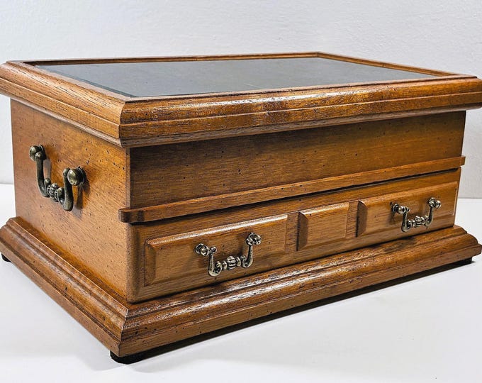 VTG Montgomery Ward & Co.® Carved Wood Large Jewelry Box, Green Marble Top, Side Handles, 12" W. 8" L. Restored, Free US Shipping.