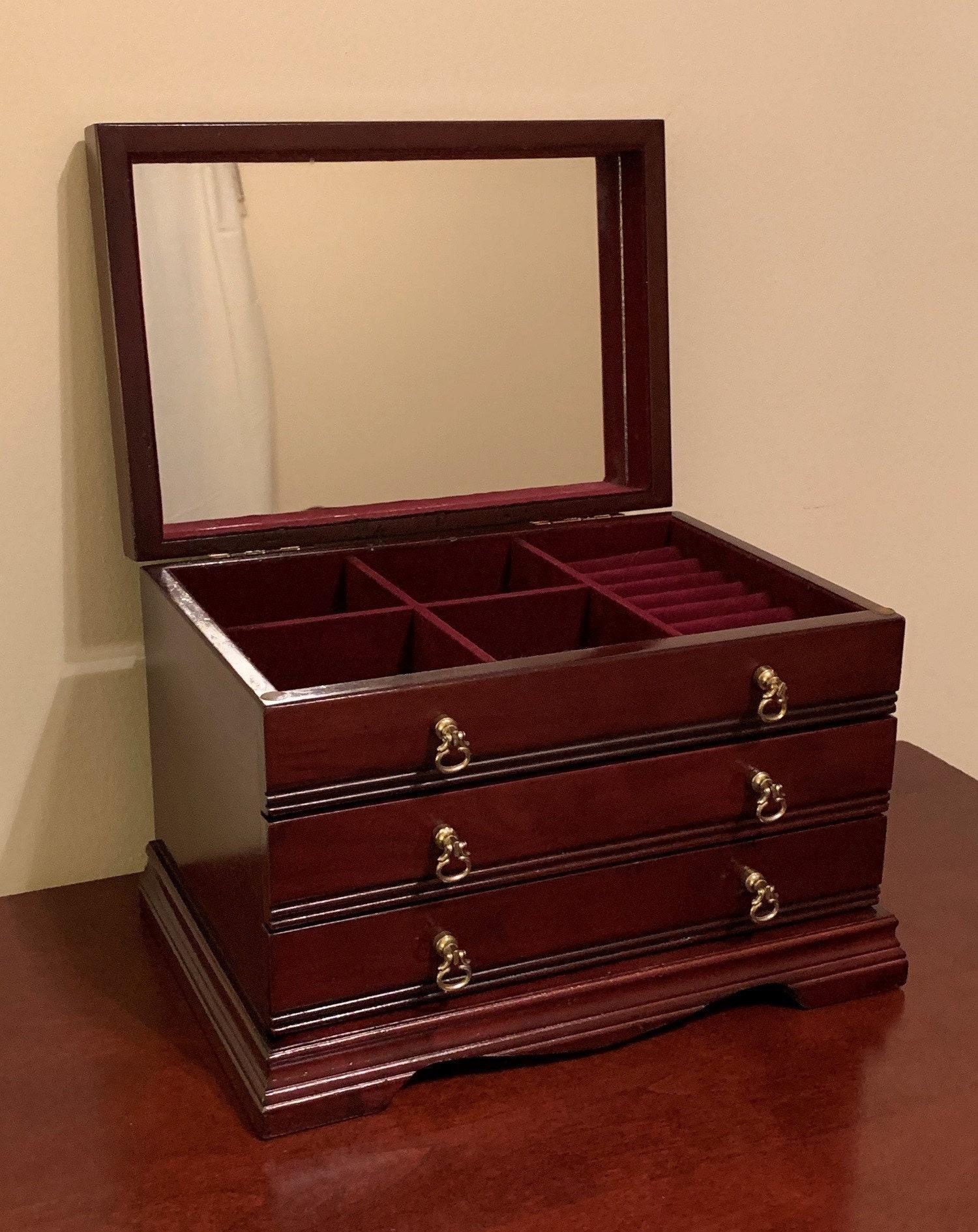 Vintage Solid Fine Wood Jewelry Box, Hand Crafted, Mirror