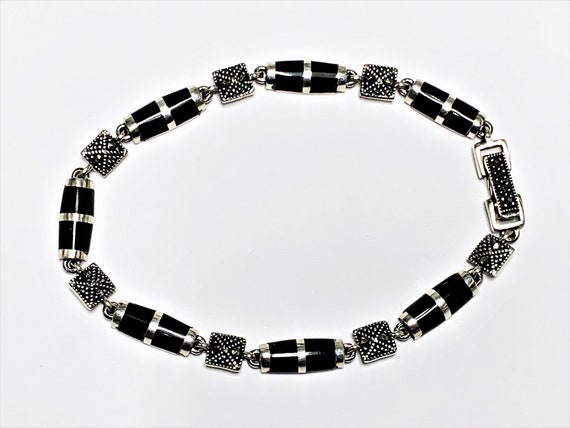 Vintage Sterling Silver Marcasite Black Onyx Brac… - image 6