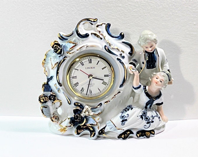 Vintage Linden® Alarm Clock, Fine Porcelain French Colonial Style Couple Courting Sculpture, Japan. 7"W. 6.5" T. Restored. Free US Shipping