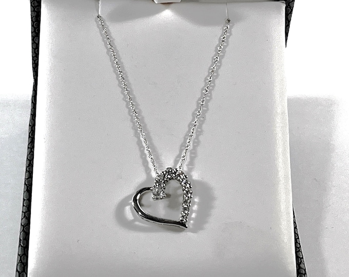 10K White Gold Heart Necklace, Brilliant Clear CZ, 18" Chain, 15mm Heart. Free US Shipping.