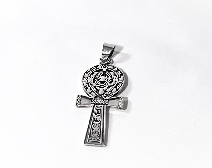 Antique Egyptian Silver Ankh, Embossed Scarabs & Hieroglyphic Scripts, Handmade in Egypt. 2" Long. 3/4" Wide. Polished. Free US Shipping