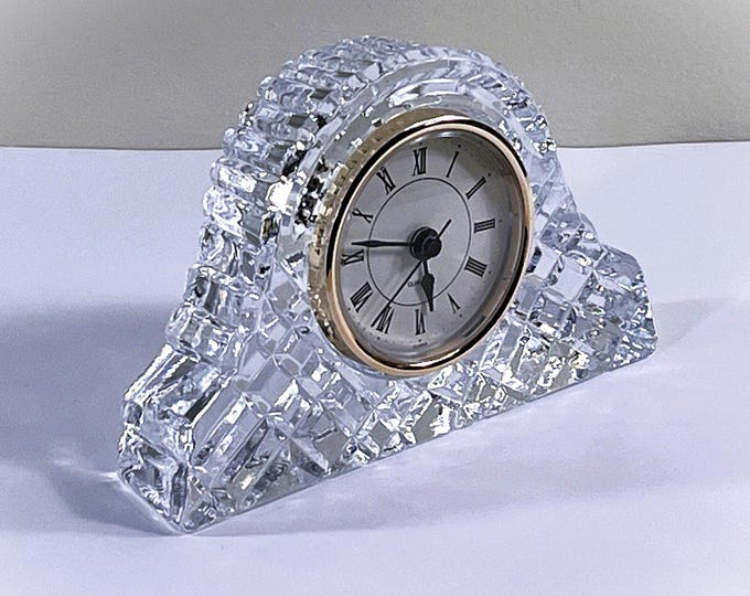 Vintage Hausin® Fine 24% Lead Crystal Clock, Top Grade Precision Quartz, Taiwan. Hand Cut Facets. 6" W. 4" T. Serviced, Free US Shipping