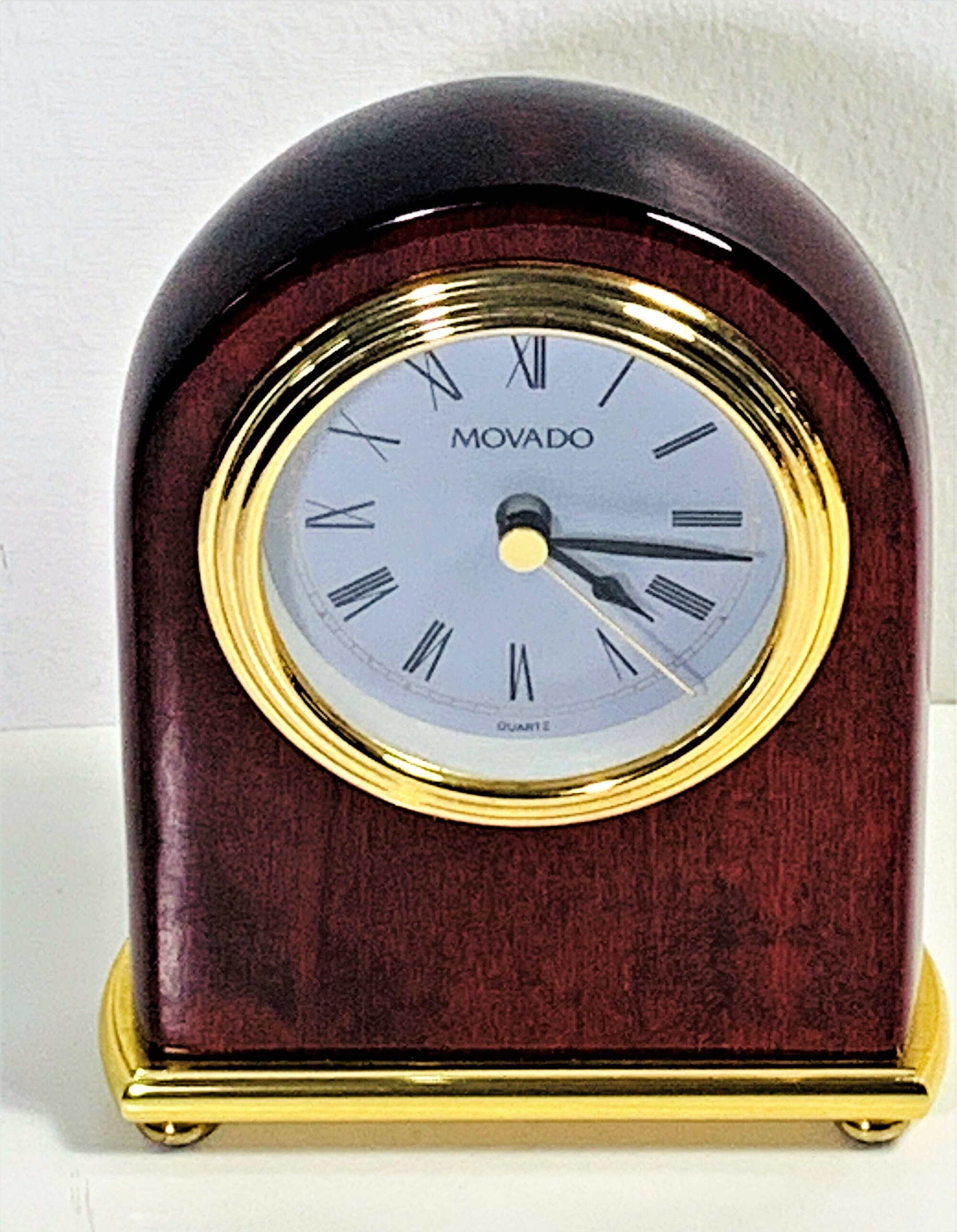 Vintage Movado Mahogany Gloss & Brass Mantel Quartz Clock, Elegant Clock, 5.5 Tall 4 Wide