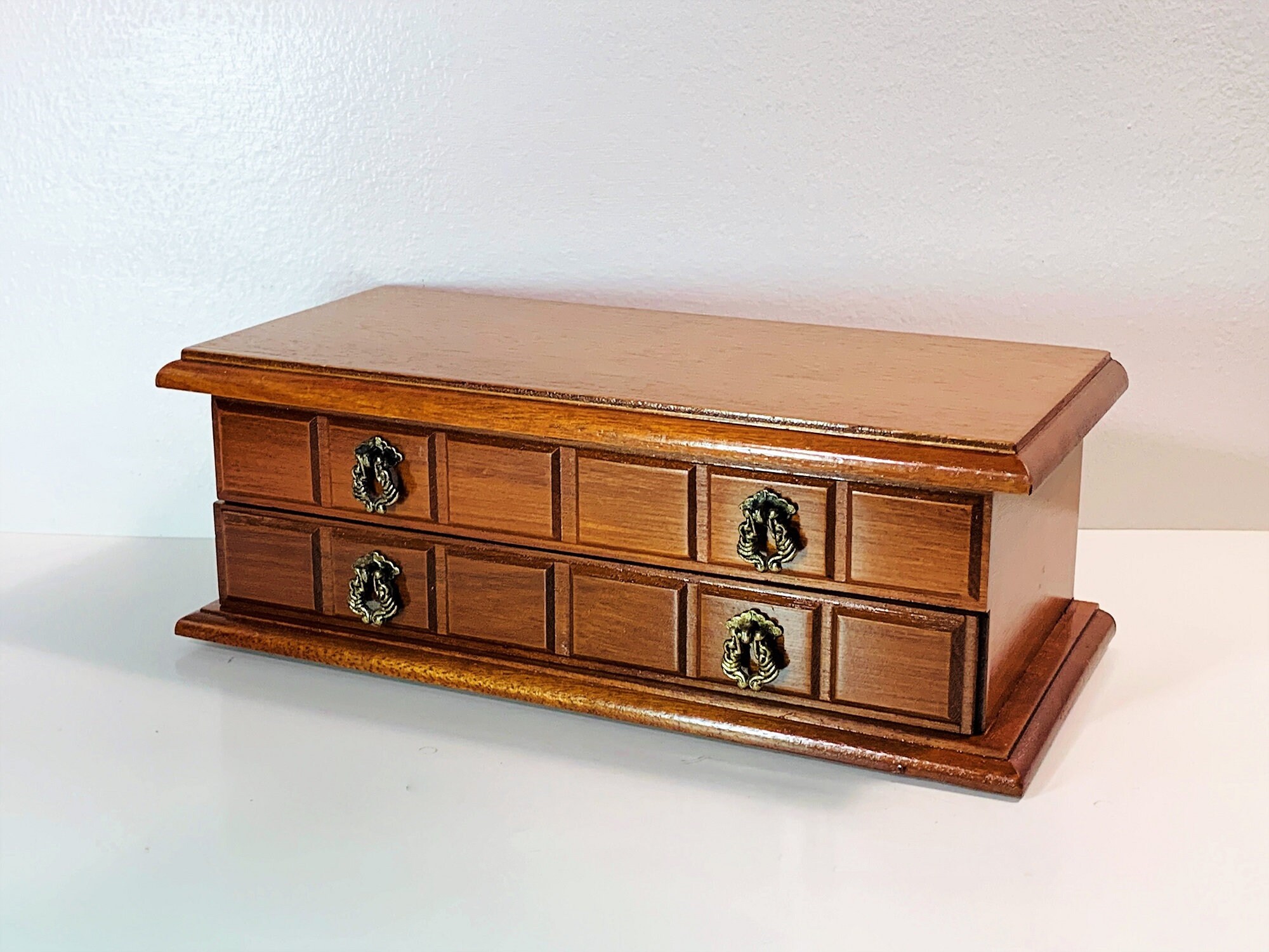 Powell® Red Oak Wood Jewelry Box, Hinged Top W/ Mirror, 18 Padded Sections, Drawer, 10.5 W. 5 L